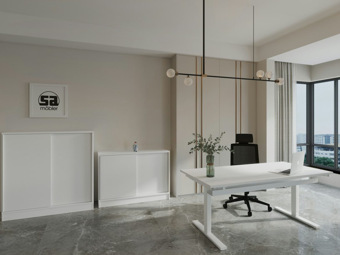 a room with a white table and a black chair