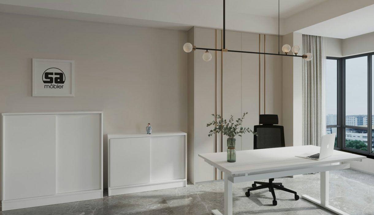 a room with a white table and a black chair