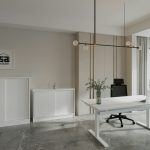 a room with a white table and a black chair